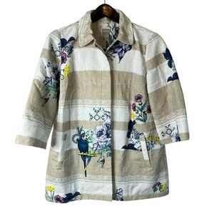 Chicos Floral Lovebird‎ Print Jacket Size 1P Or 8P Button Up 3/4 Sleeve Lined